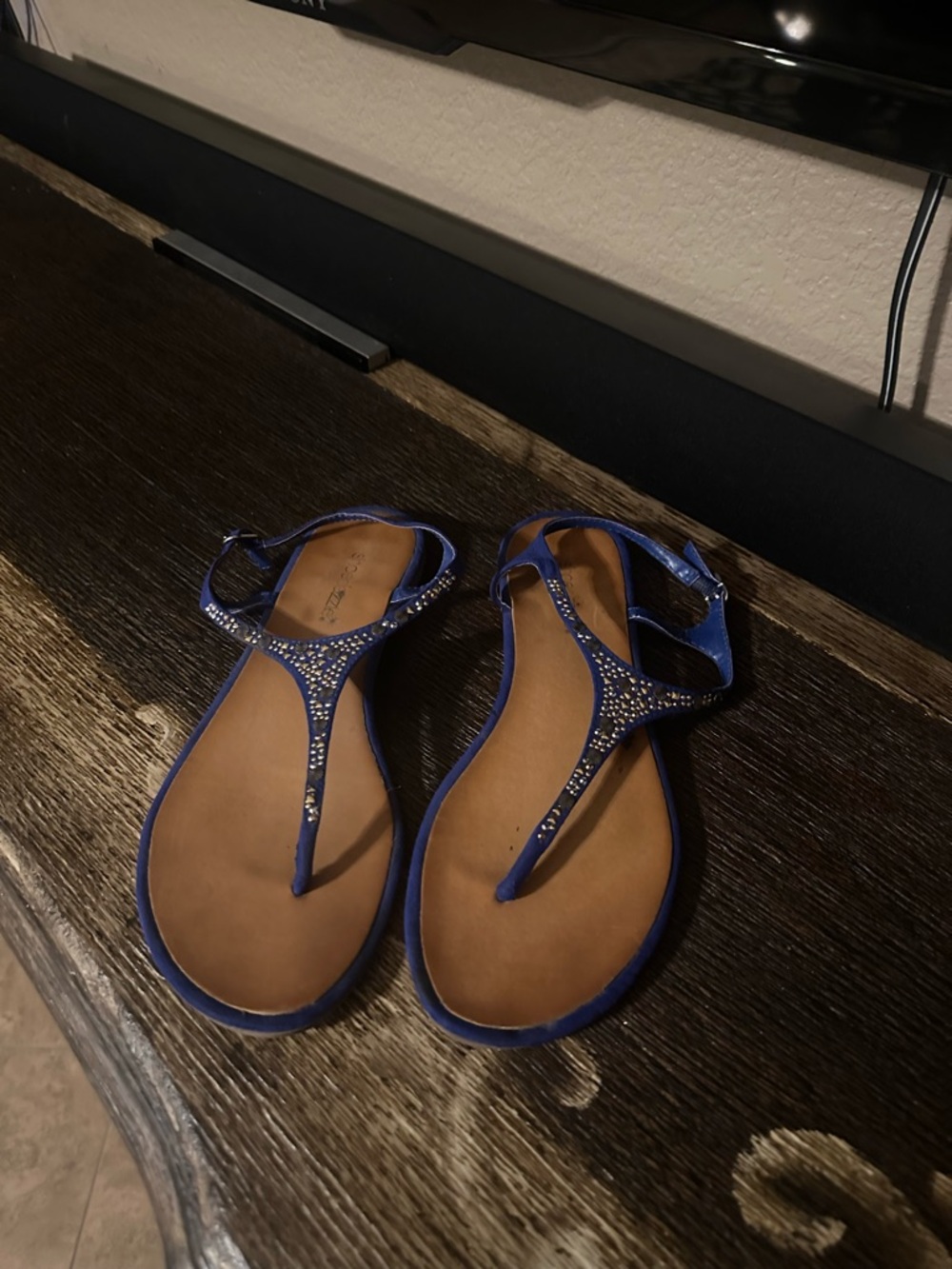 Blue T-Strap Rhinestone Sandals